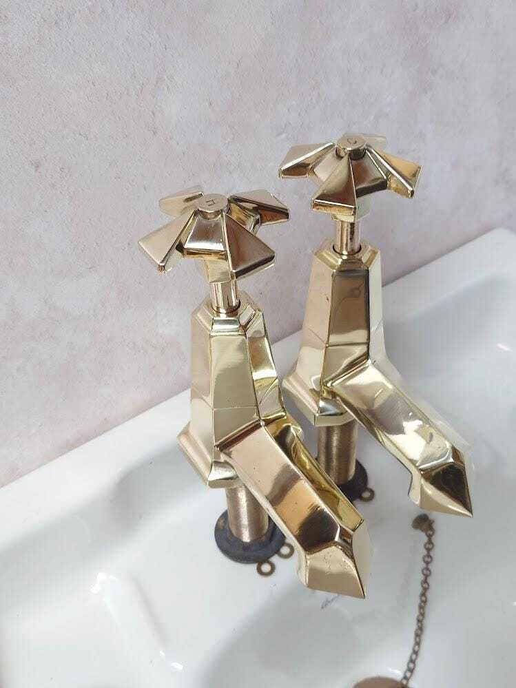 Pair Of Very Large Original Art Deco Bath Taps, Polished Brass Bathtub Faucets, 1920s Bath Taps, Overhauled And Ready To Fit