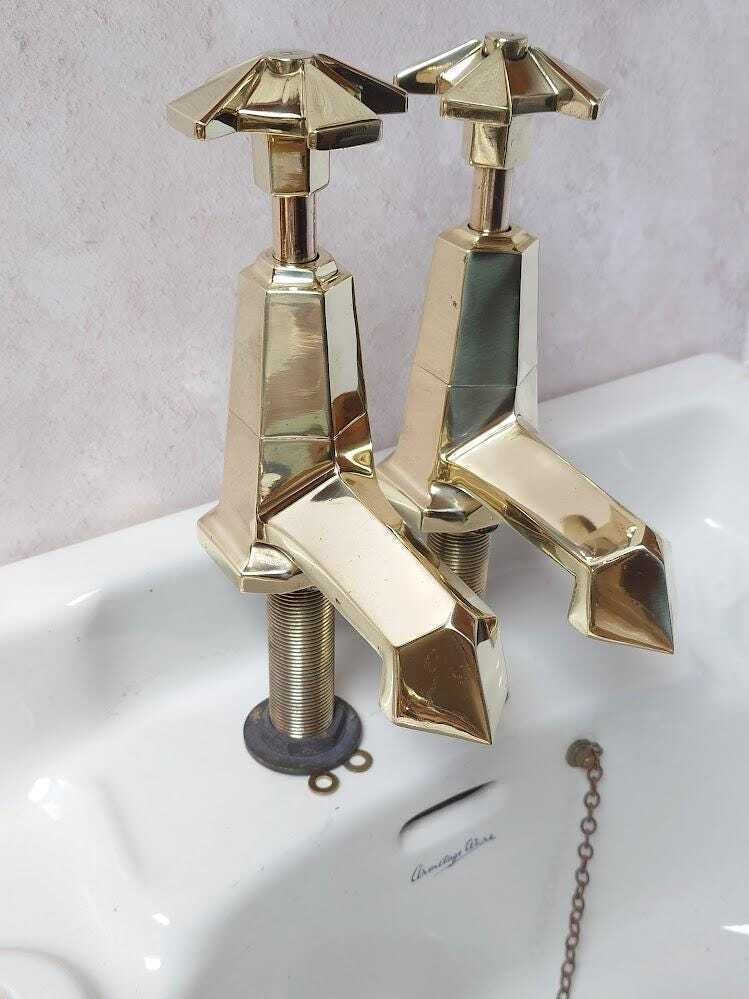 Pair Of Very Large Original Art Deco Bath Taps, Polished Brass Bathtub Faucets, 1920s Bath Taps, Overhauled And Ready To Fit photo 350.0