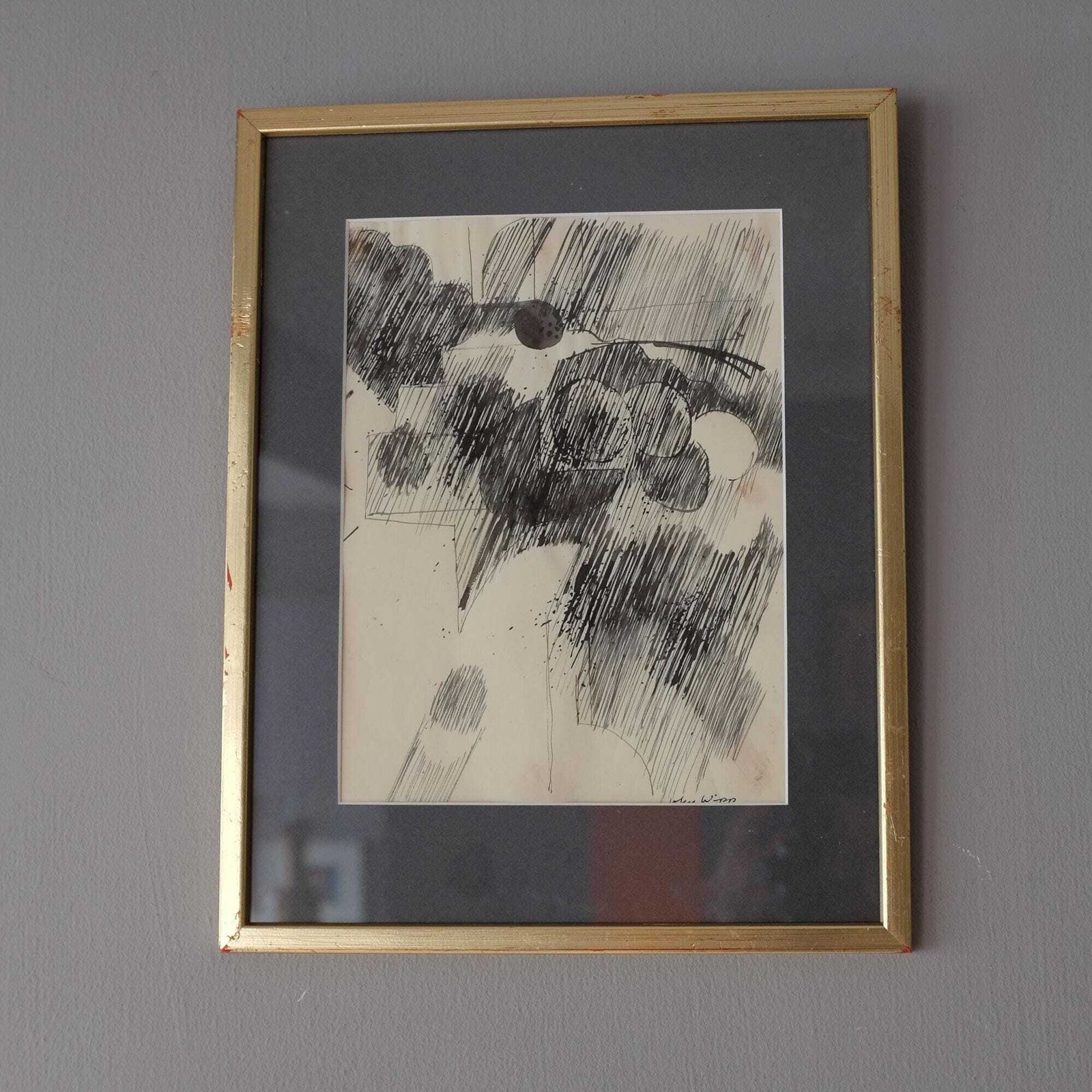 Vintage Swedish Abstract Drawing, Mid Century Art By John Wipp, Scandinavian Art photo buy