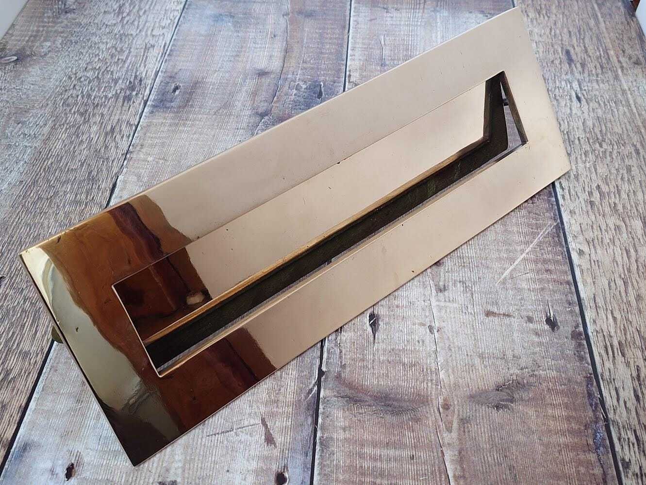 Very Large Polished Brass Door Letter Box Slot, Heavy Rose Brass Door Mail Slot photo for sale