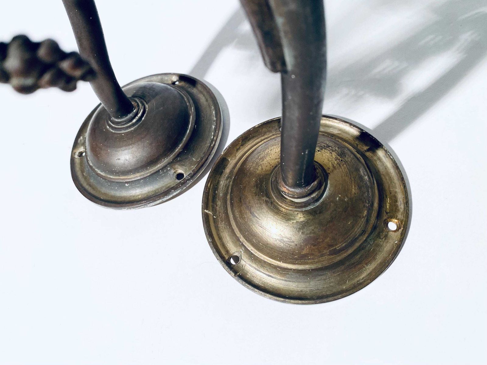 Two Antique Art Nouveau Wall Lamps Frosted Glass Metal Ornamented Arms / 1910 1920s Handmade Decor photo vintage