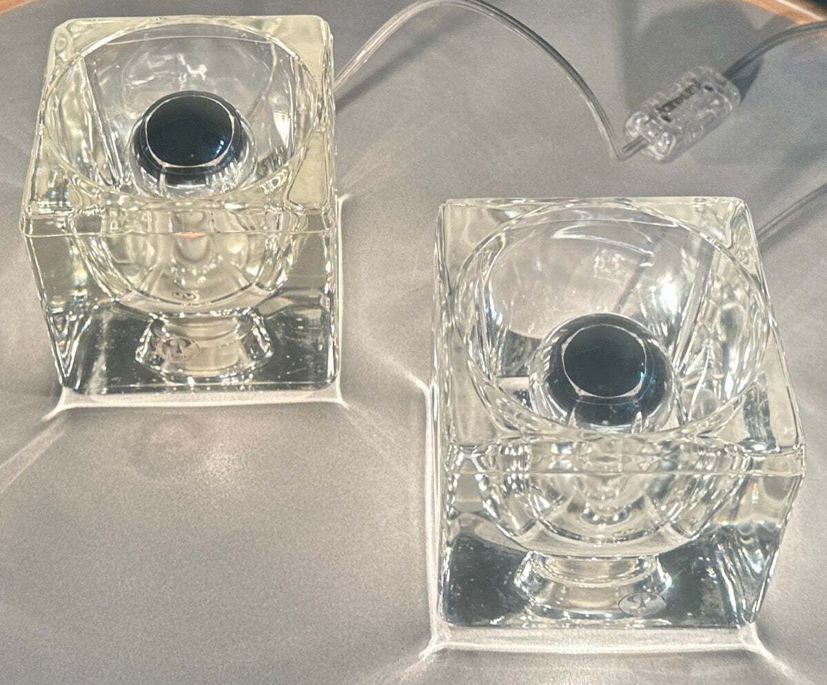 Pair Of 1970s German Peill & Putzler Clear Thick Cubed Glass Table Lamps photo 525.0