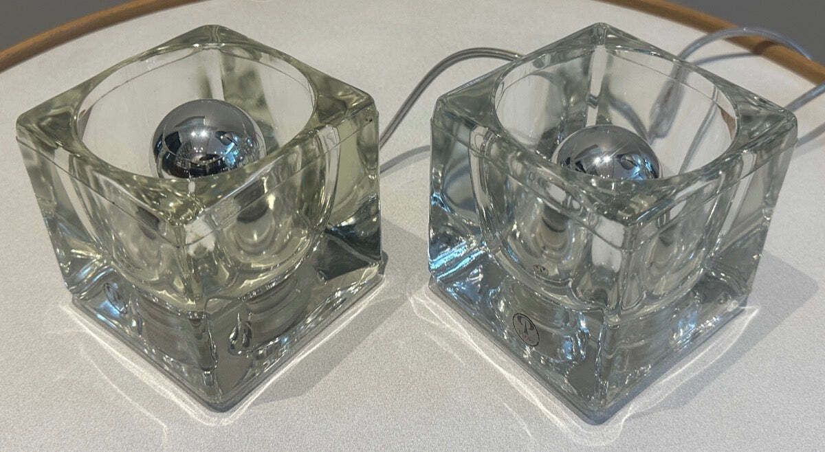 photo vinterior Pair Of 1970s German Peill & Putzler Clear Thick Cubed Glass Table Lamps