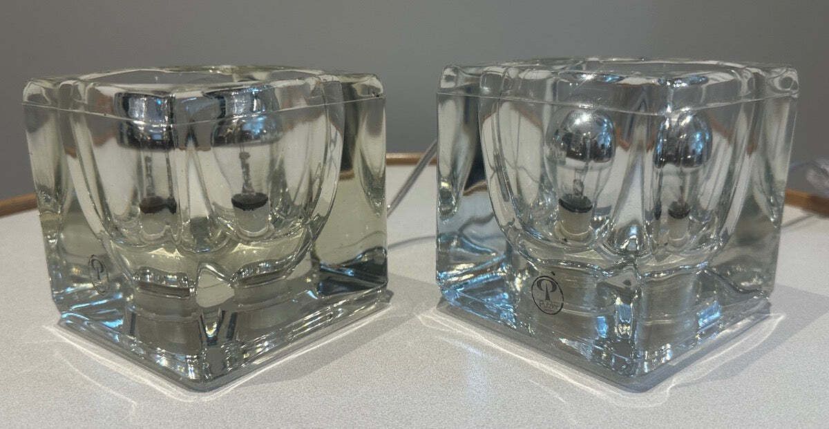 photo buy Pair Of 1970s German Peill & Putzler Clear Thick Cubed Glass Table Lamps