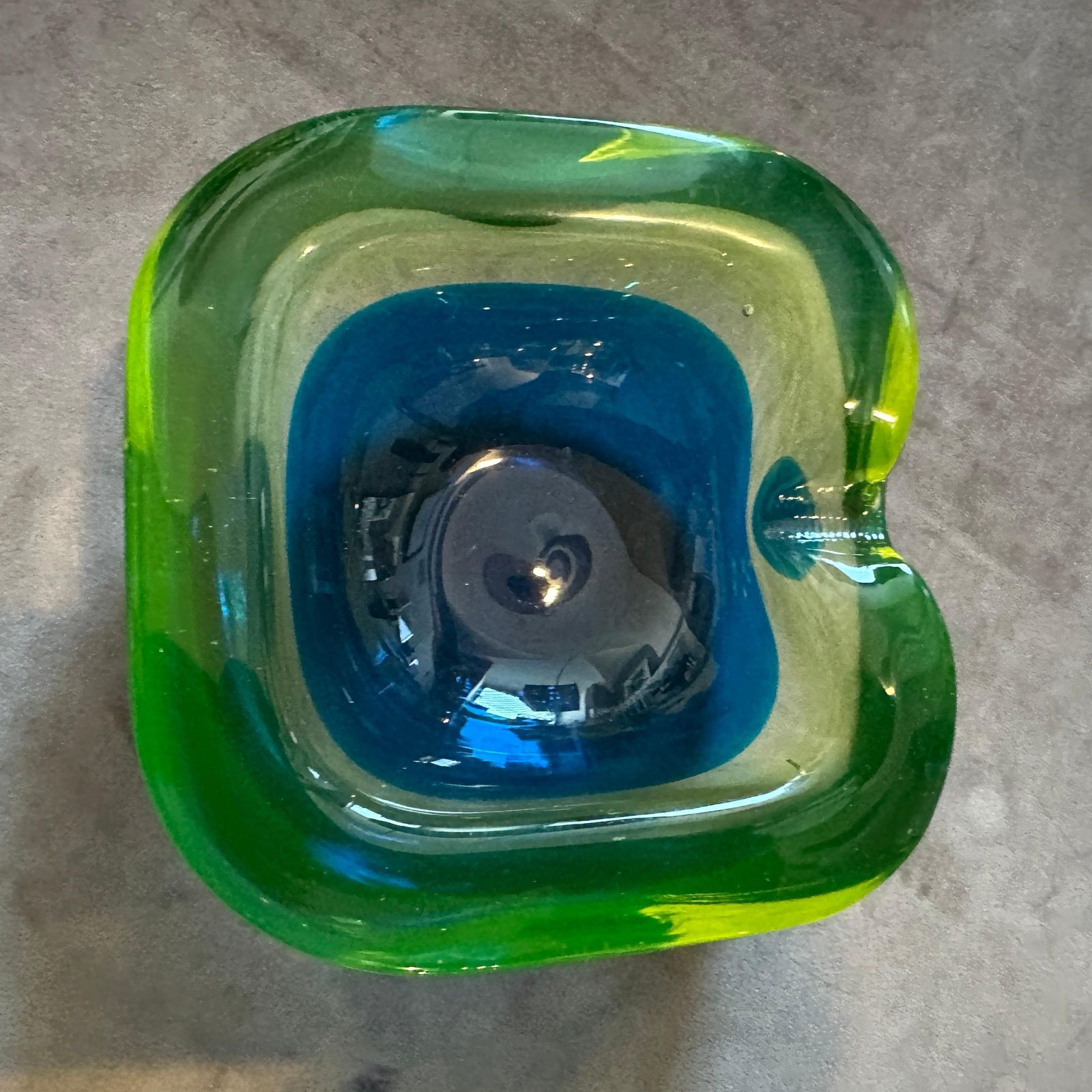 1970s Modern Blue And Green Lime Sommerso Murano Glass Ashtray By Seguso photo vintage