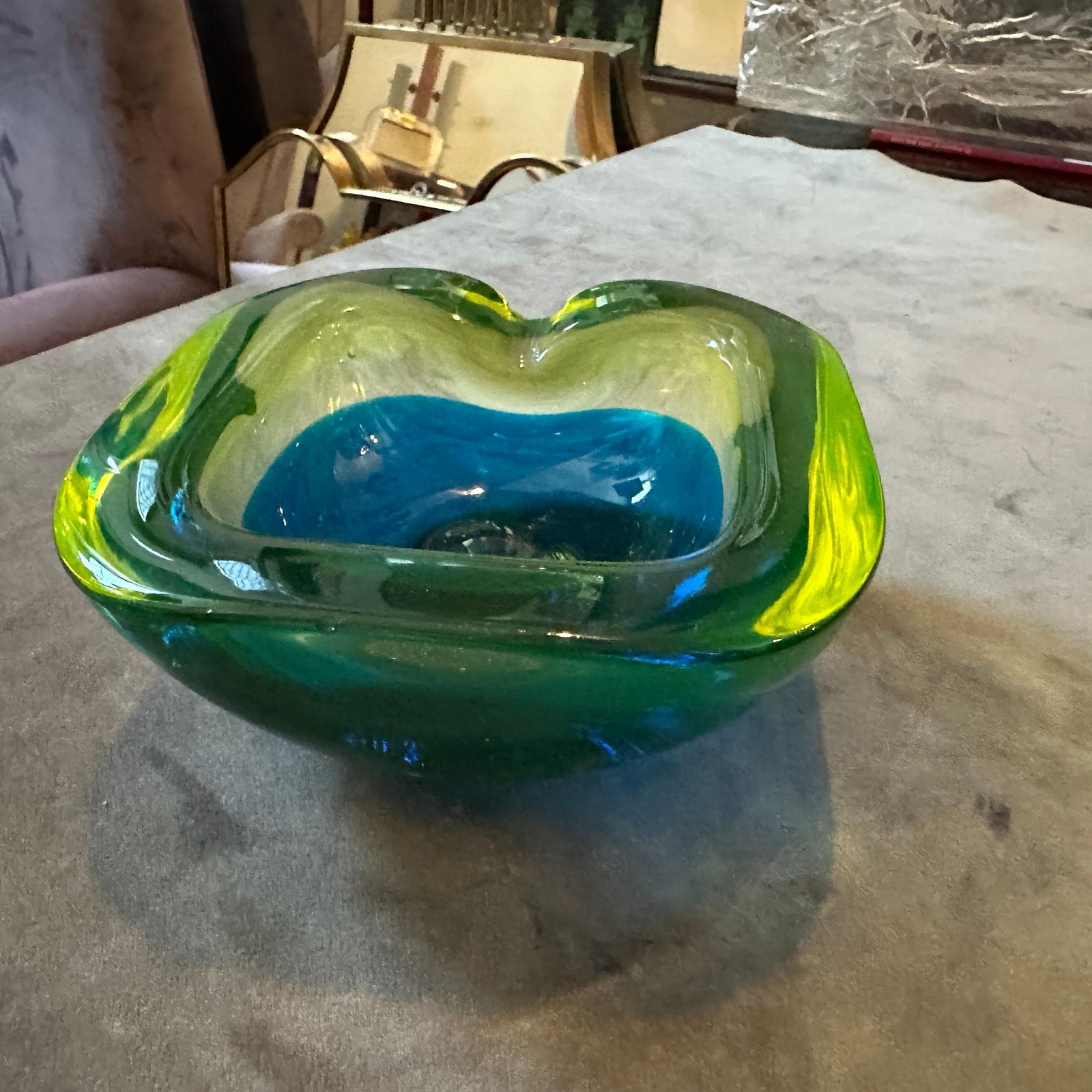 photo for sale 1970s Modern Blue And Green Lime Sommerso Murano Glass Ashtray By Seguso
