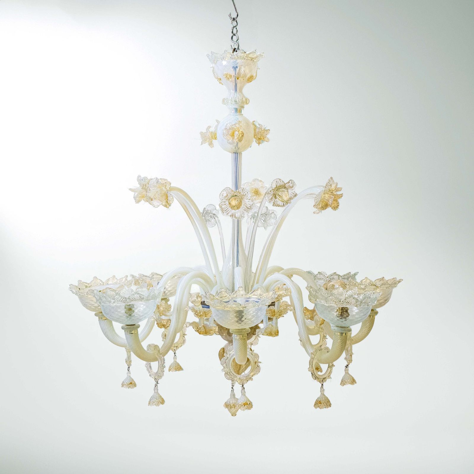 Large Murano Glass White & Gold Chandelier | Floral Venetian Light