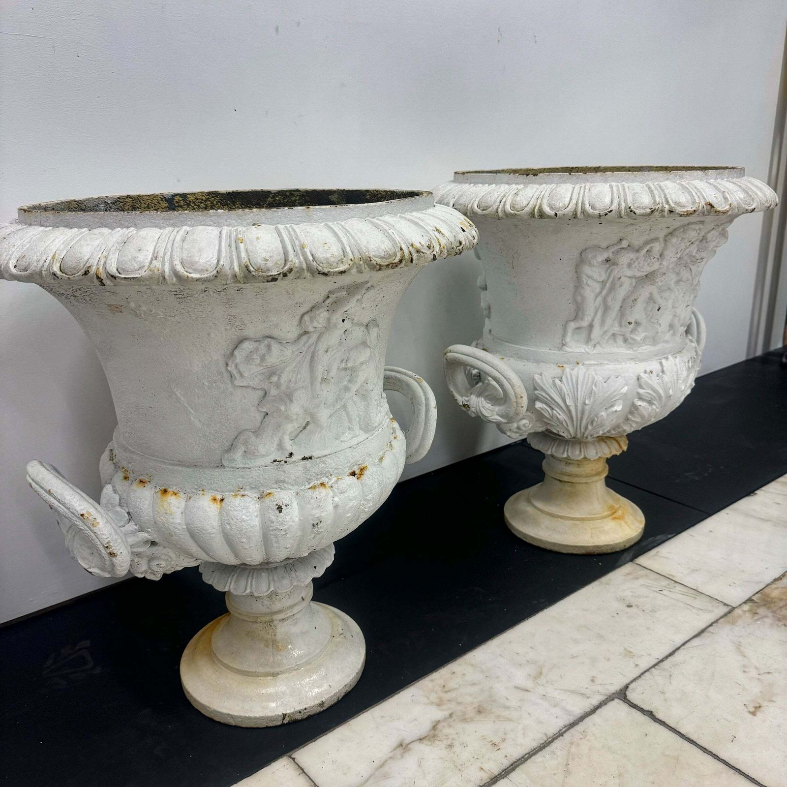 Pair Of Antique Campaign Cast Iron Urns photo for sale