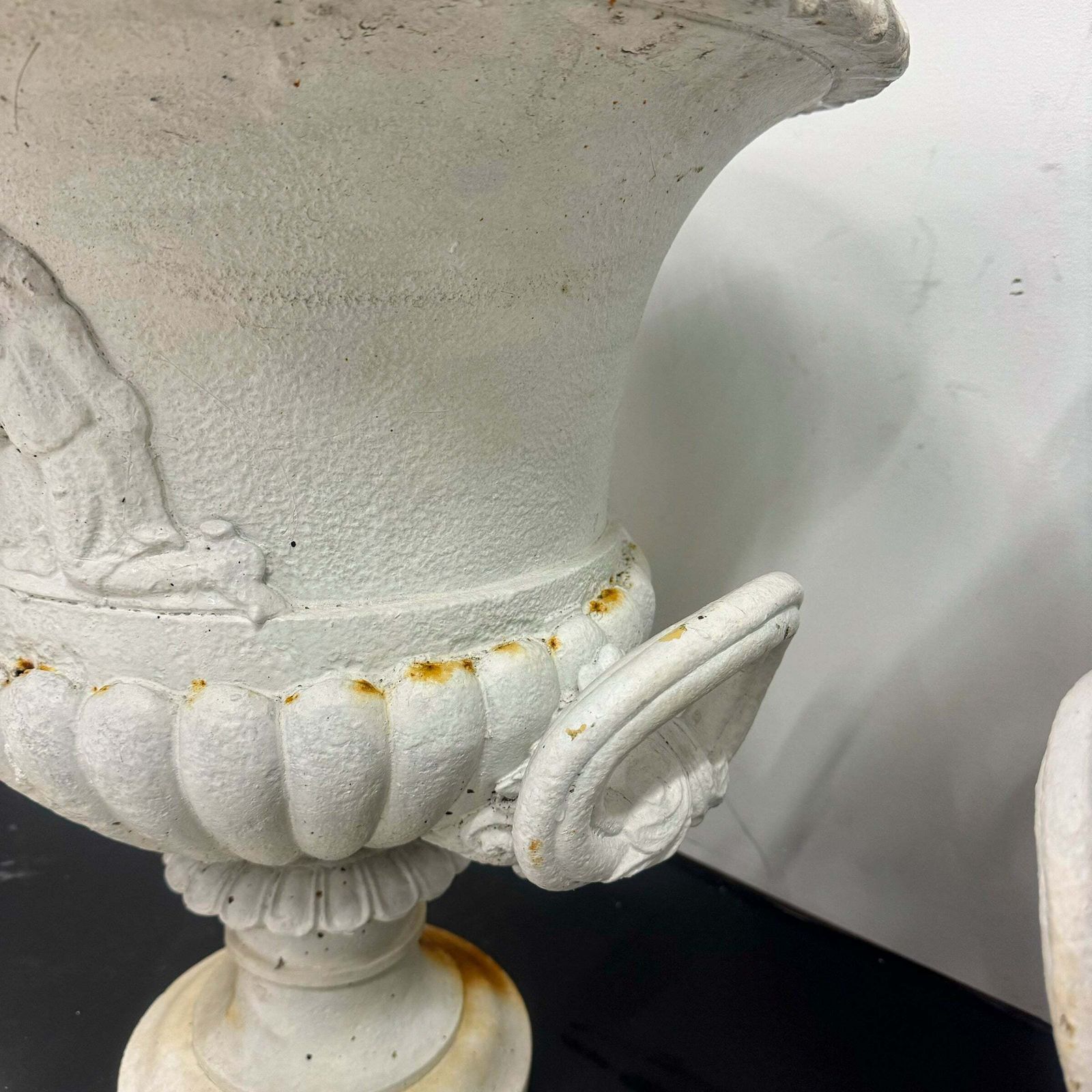 photo furniture Pair Of Antique Campaign Cast Iron Urns