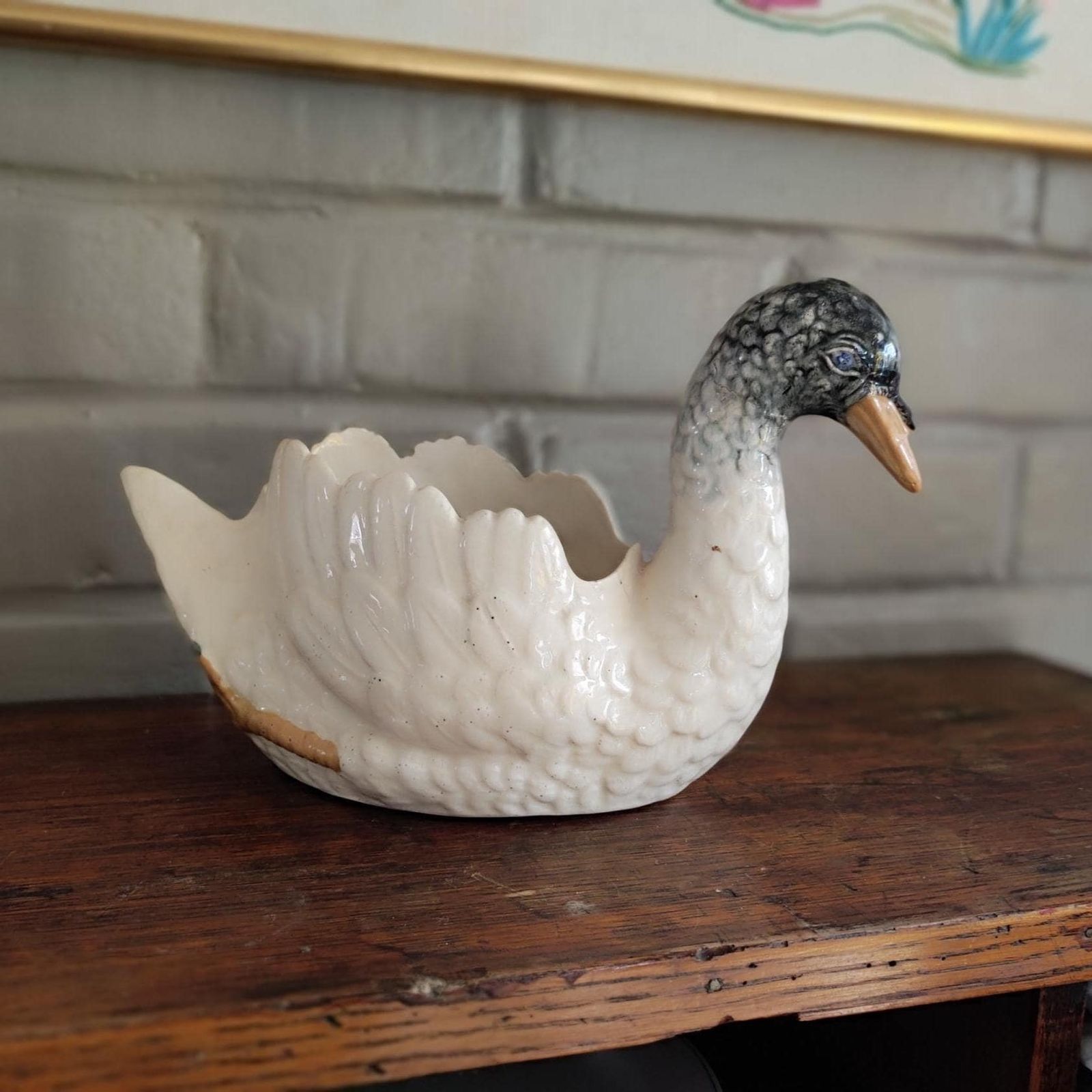 Antique Swan Jardiniere Majolica Flower Plant Pot