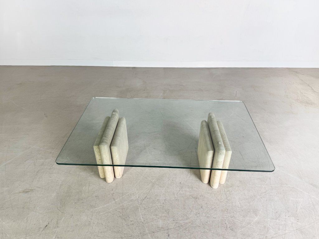 Original Midcentury Travertine Coffee Table Italy Glass Design photo furniture