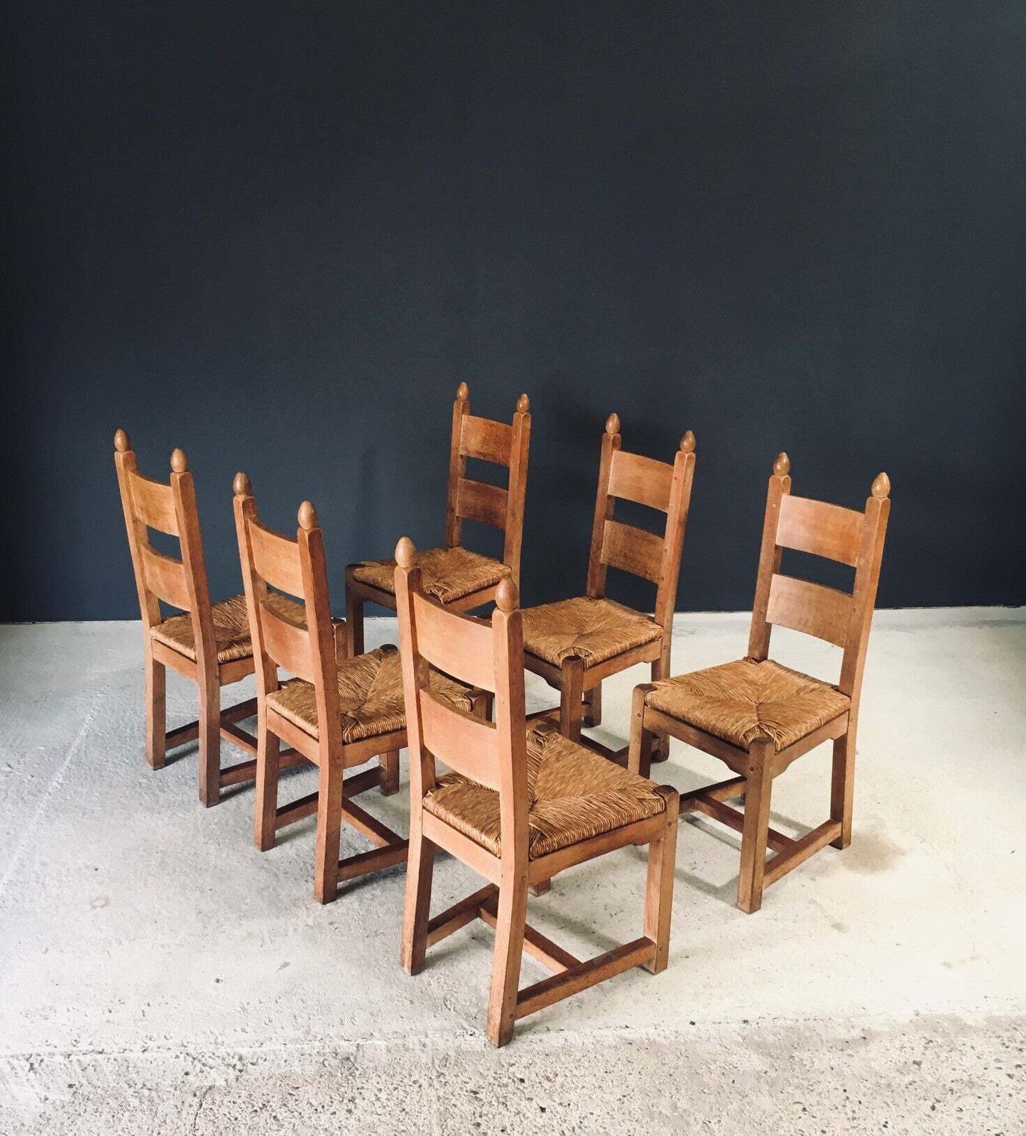 photo for sale Handgemaakte, Zware Eiken Eetkamerstoelen Met Biezen Zitting, België, Ca. Jaren 1960