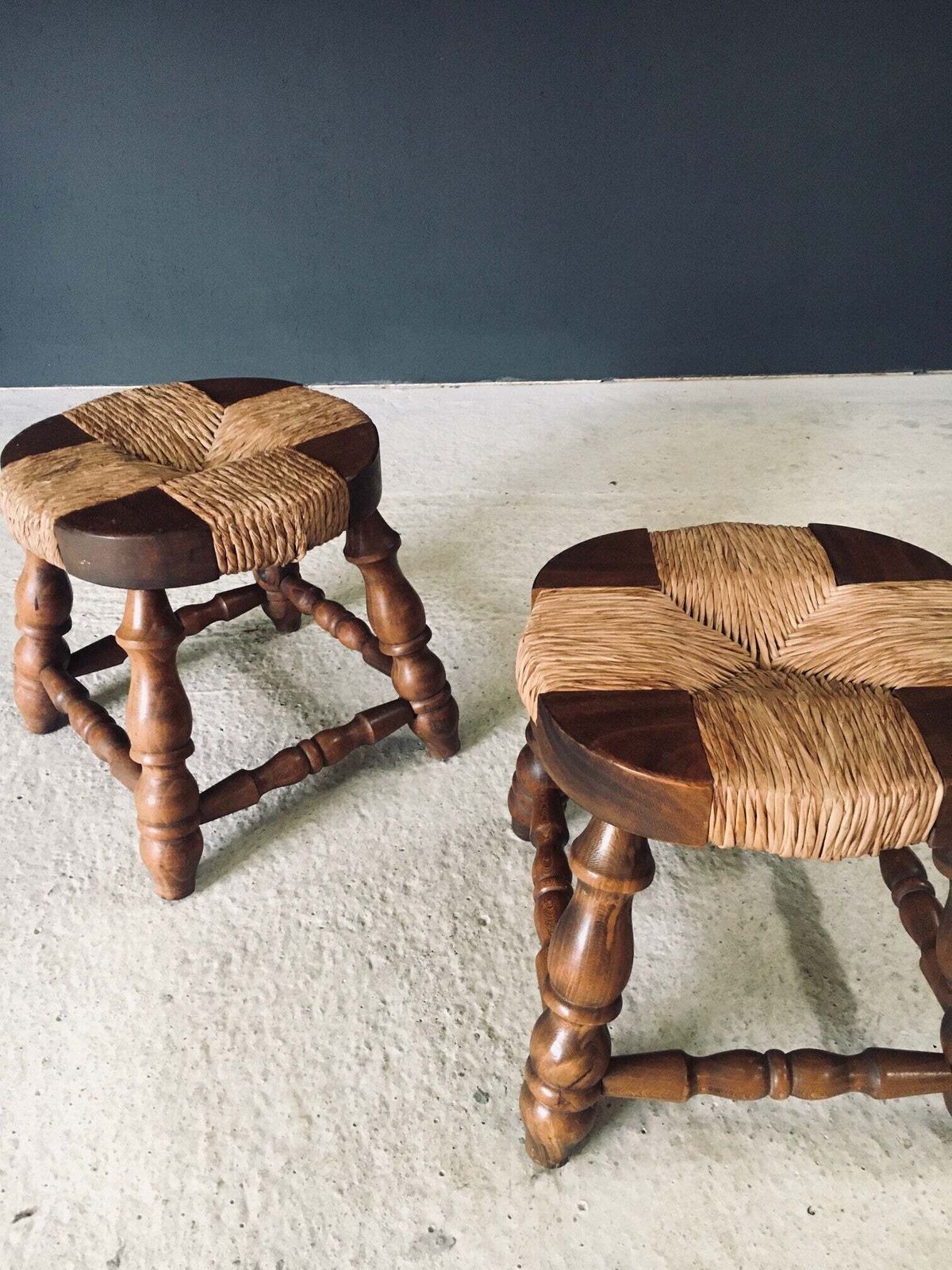 Furniture Rustic Design Low Oak & Rush Stools, France 1940's photo