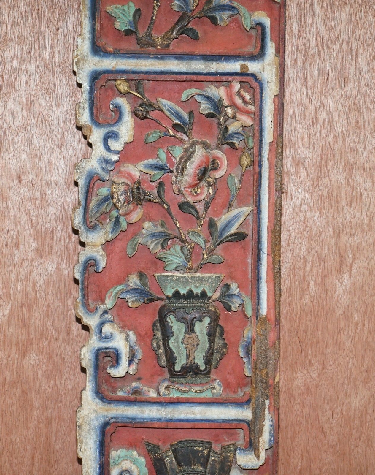 Chinese Circa 1860 Antique Victorian Original Paint Carved Wood Wall Panel photo for sale