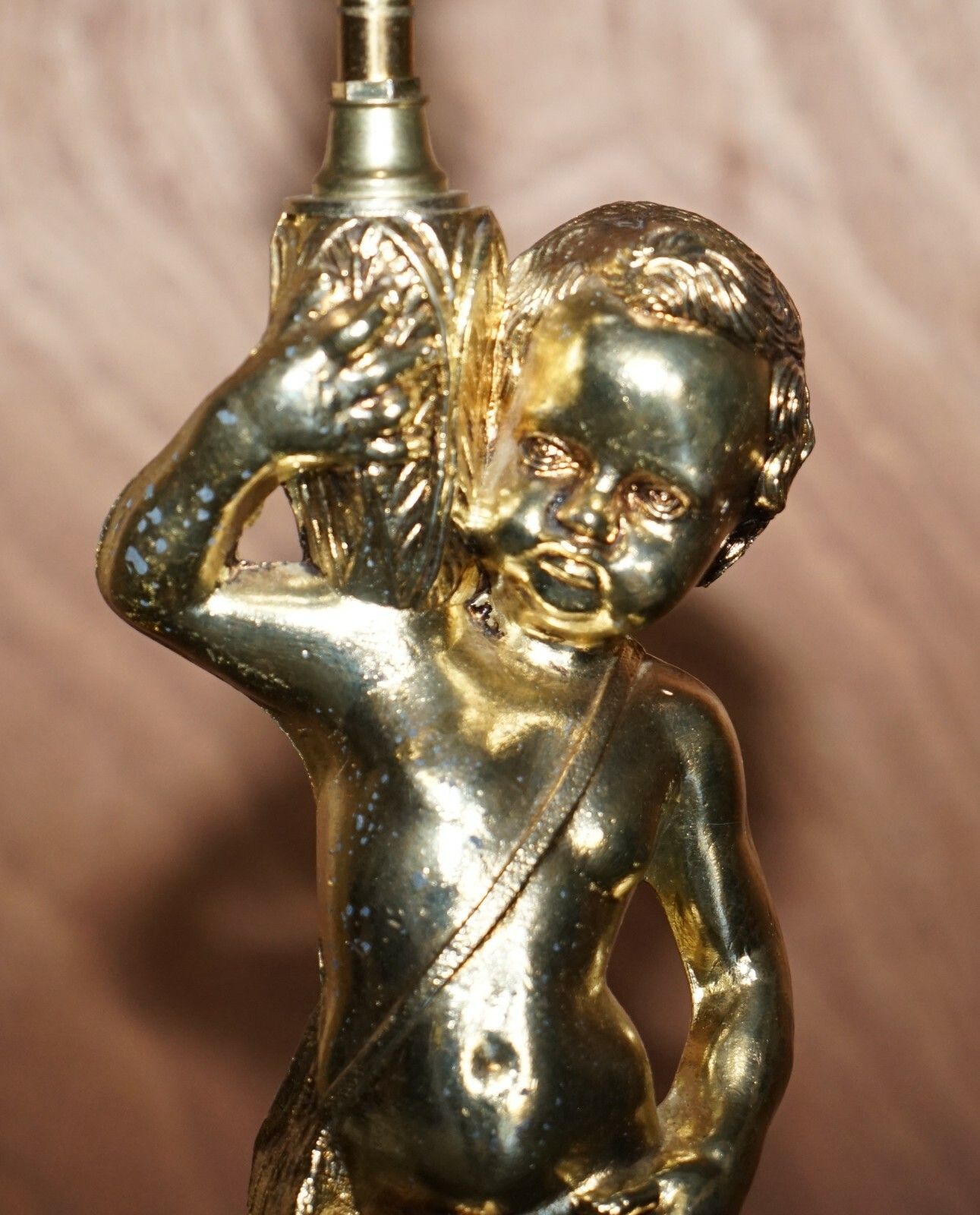 Lovely Large Sized Circa 1940's Marble & Brass Lamp With Cherub Putti's Angel photo for sale