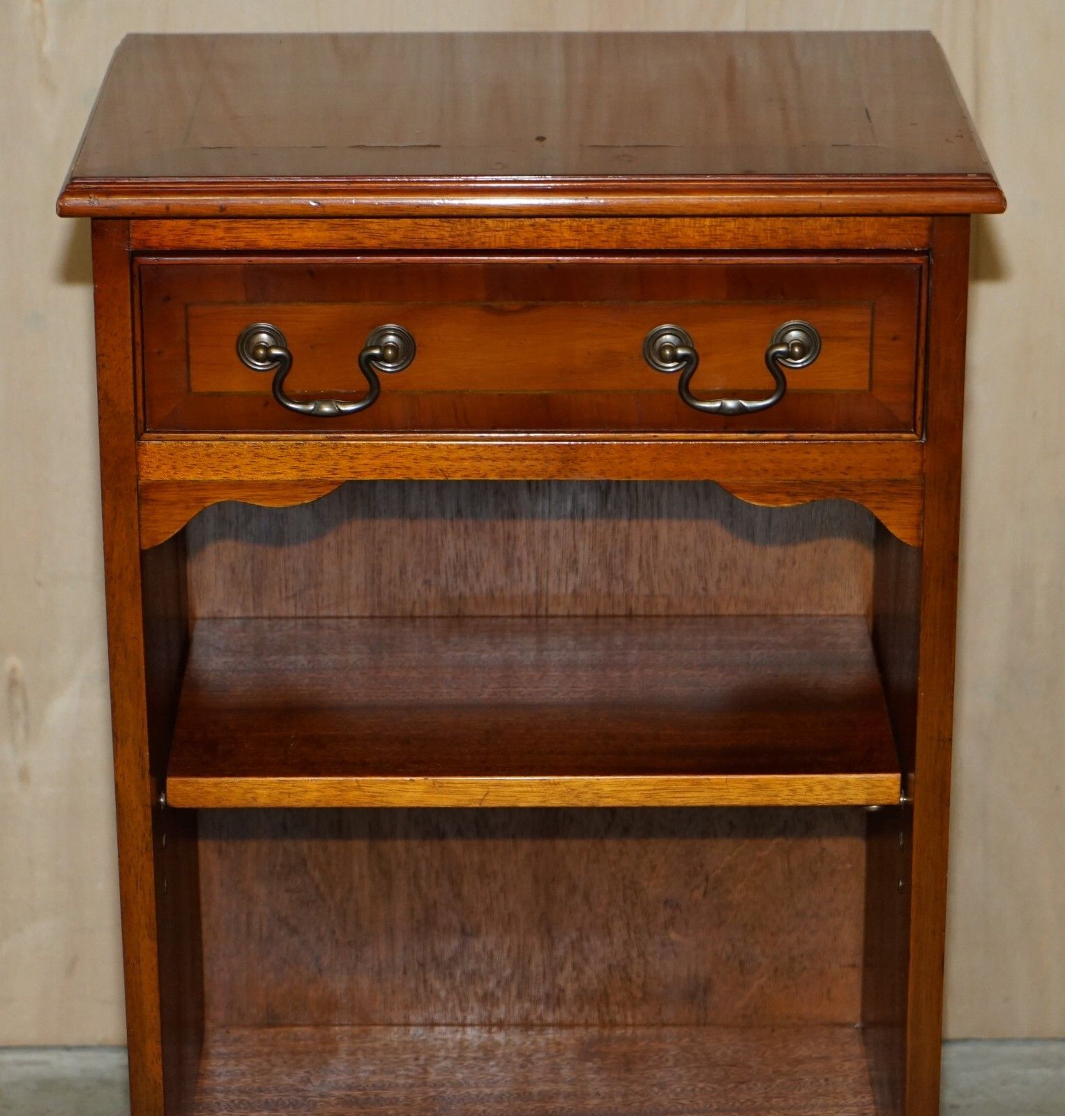 Vintage Yew Wood Side / End Sized Book Table With Single Drawer And Bookshelves photo for sale