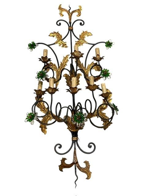 Extra Large Italian Tole Wall Light Sconce With Murano Glass Flowers, 8 Lights