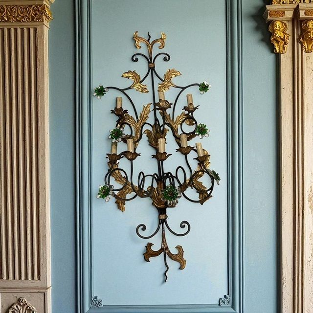 Extra Large Italian Tole Wall Light Sconce With Murano Glass Flowers, 8 Lights photo buy