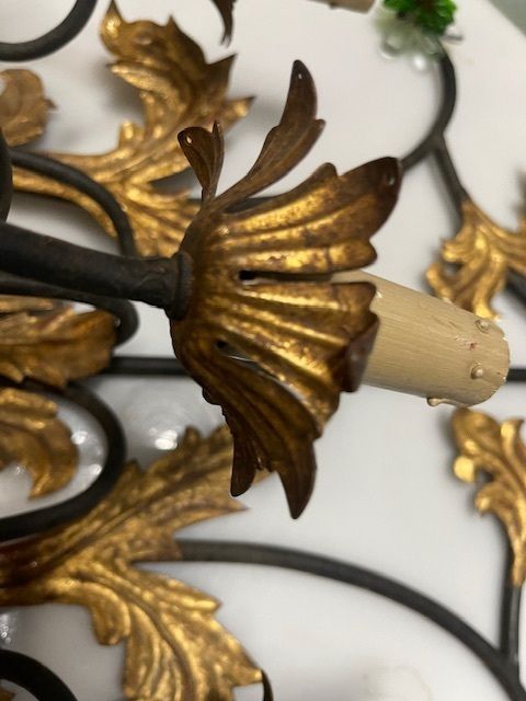 photo furniture Extra Large Italian Tole Wall Light Sconce With Murano Glass Flowers, 8 Lights