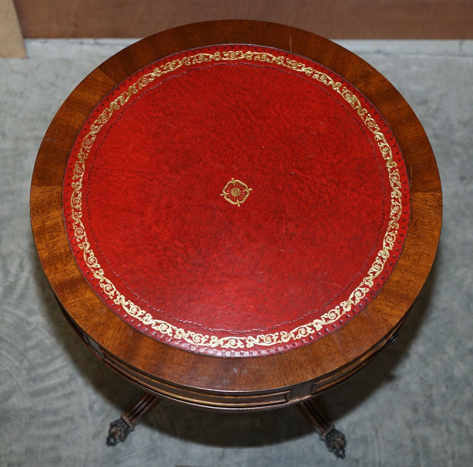 Regency Style Mahogany Oxblood Leather Side End Lamp Wine Drum Table Drawers photo Furniture