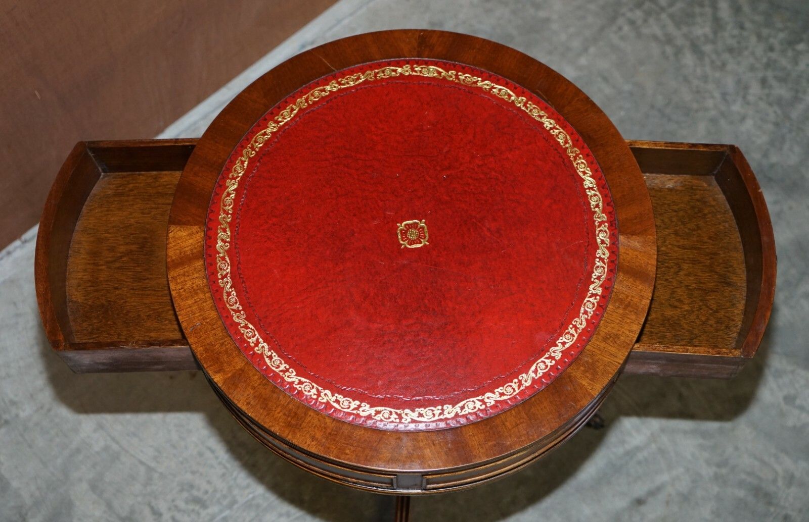 550.0 Regency Style Mahogany Oxblood Leather Side End Lamp Wine Drum Table Drawers photo