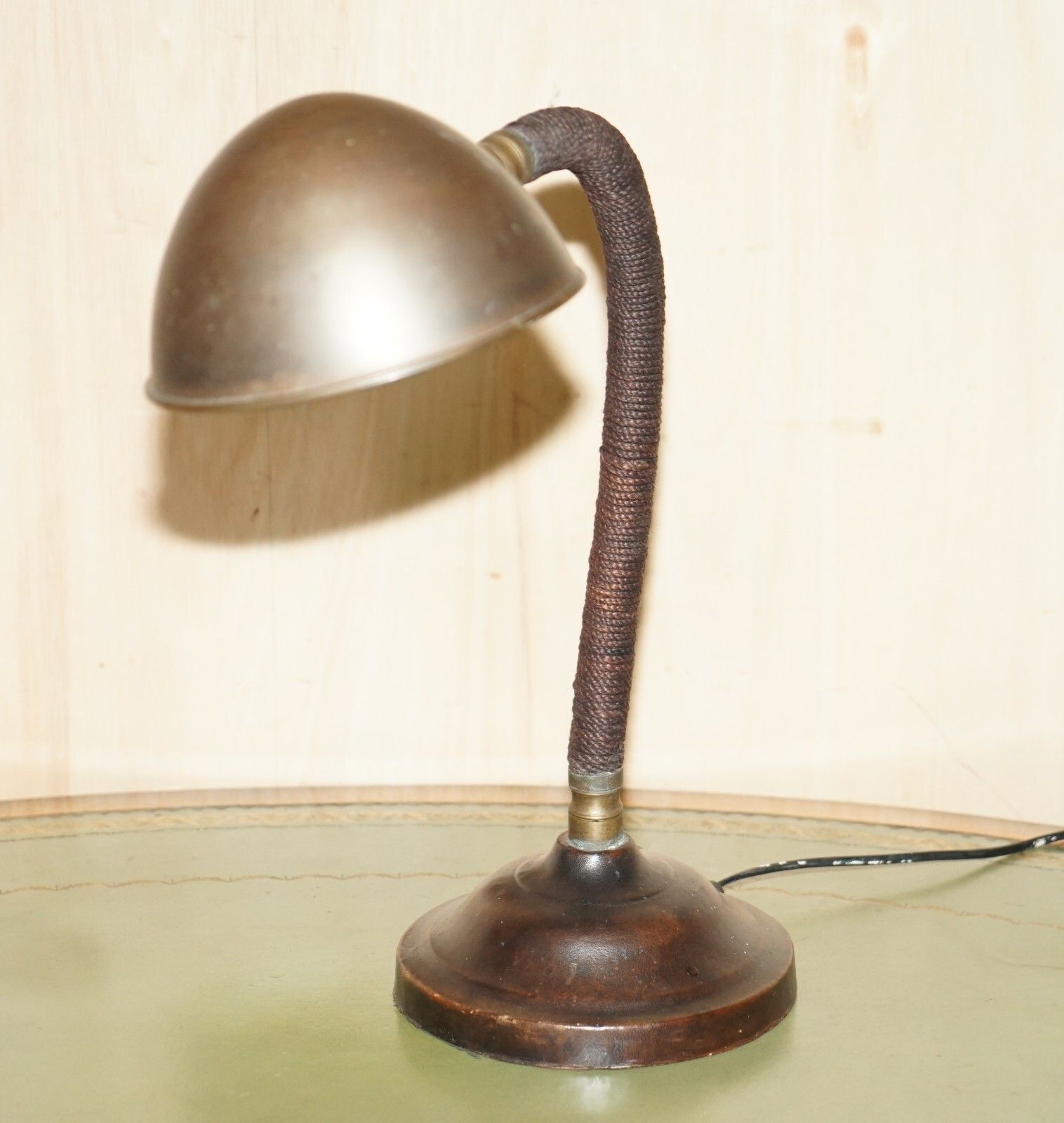 Stunning Antique Circa 1930's Art Deco Bankers Table Lamp Stitched Leather Rope photo furniture
