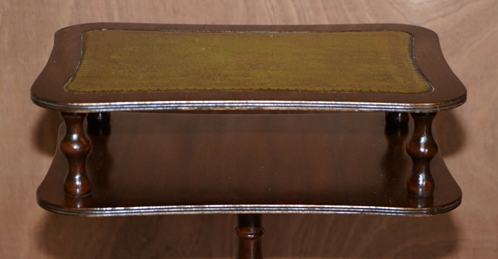 Vintage Green Leather & Mahogany Tripod Magazine Newspaper Side End Lamp Table photo vintage
