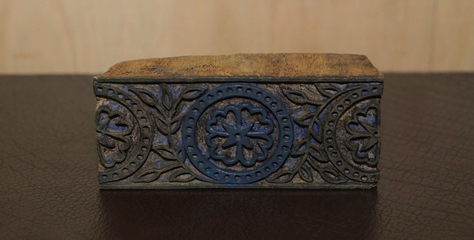 Very Collectable Antique Hand Carved Blue Flower Printing Block For Wallpaper photo furniture