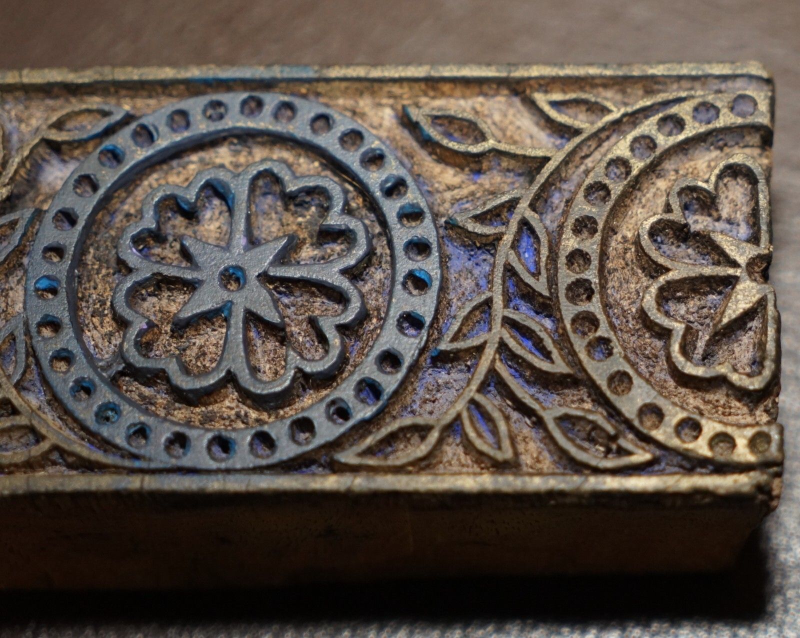 Very Collectable Antique Hand Carved Blue Flower Printing Block For Wallpaper photo vinterior
