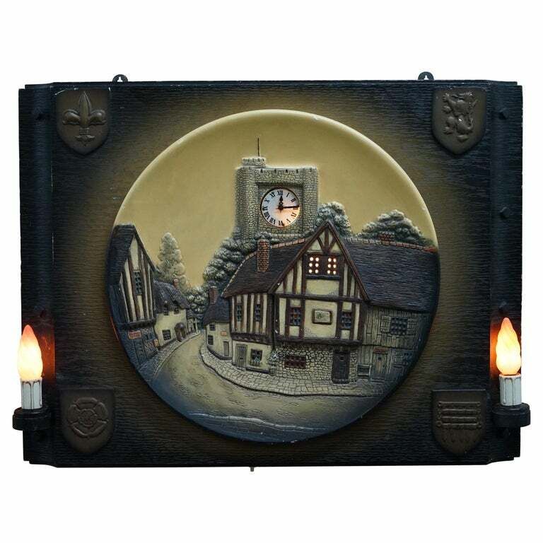 Vintage Circa 1950's Wall Hanging Clock With Lamps Depicting A Village Scene