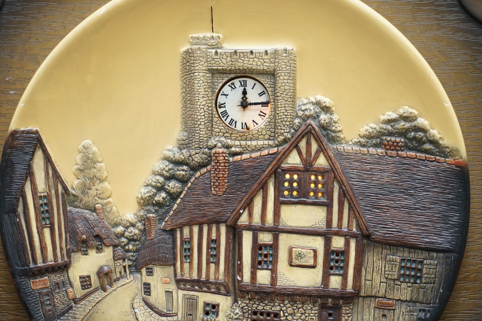 Vintage Circa 1950's Wall Hanging Clock With Lamps Depicting A Village Scene photo Home Decor