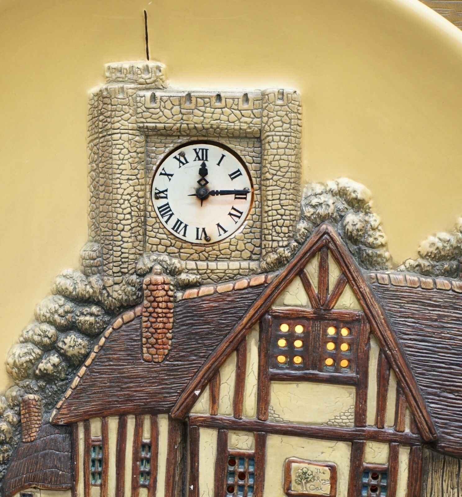 Vintage Circa 1950's Wall Hanging Clock With Lamps Depicting A Village Scene photo vintage