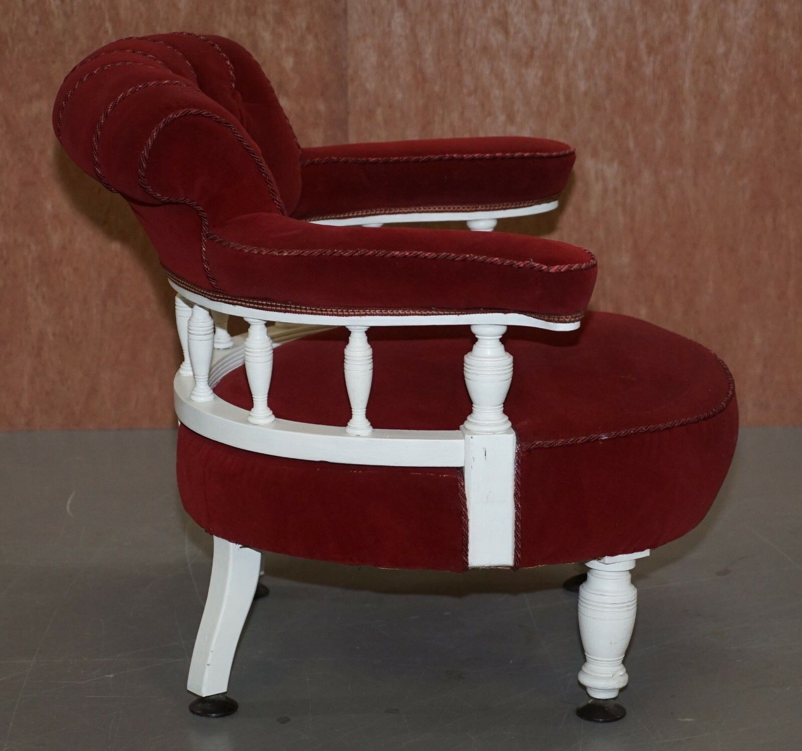 photo furniture Victorian Red Velvet Upholstered Oak Framed Small Captains Occasional Armchair