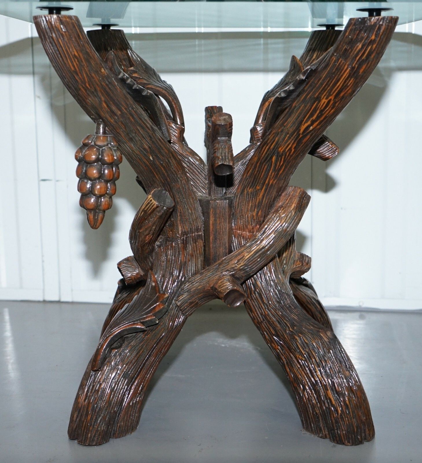 photo for sale Black Forest Wood Carved With Leaved & Grapes Side Lamp End Wine Table Glass Top