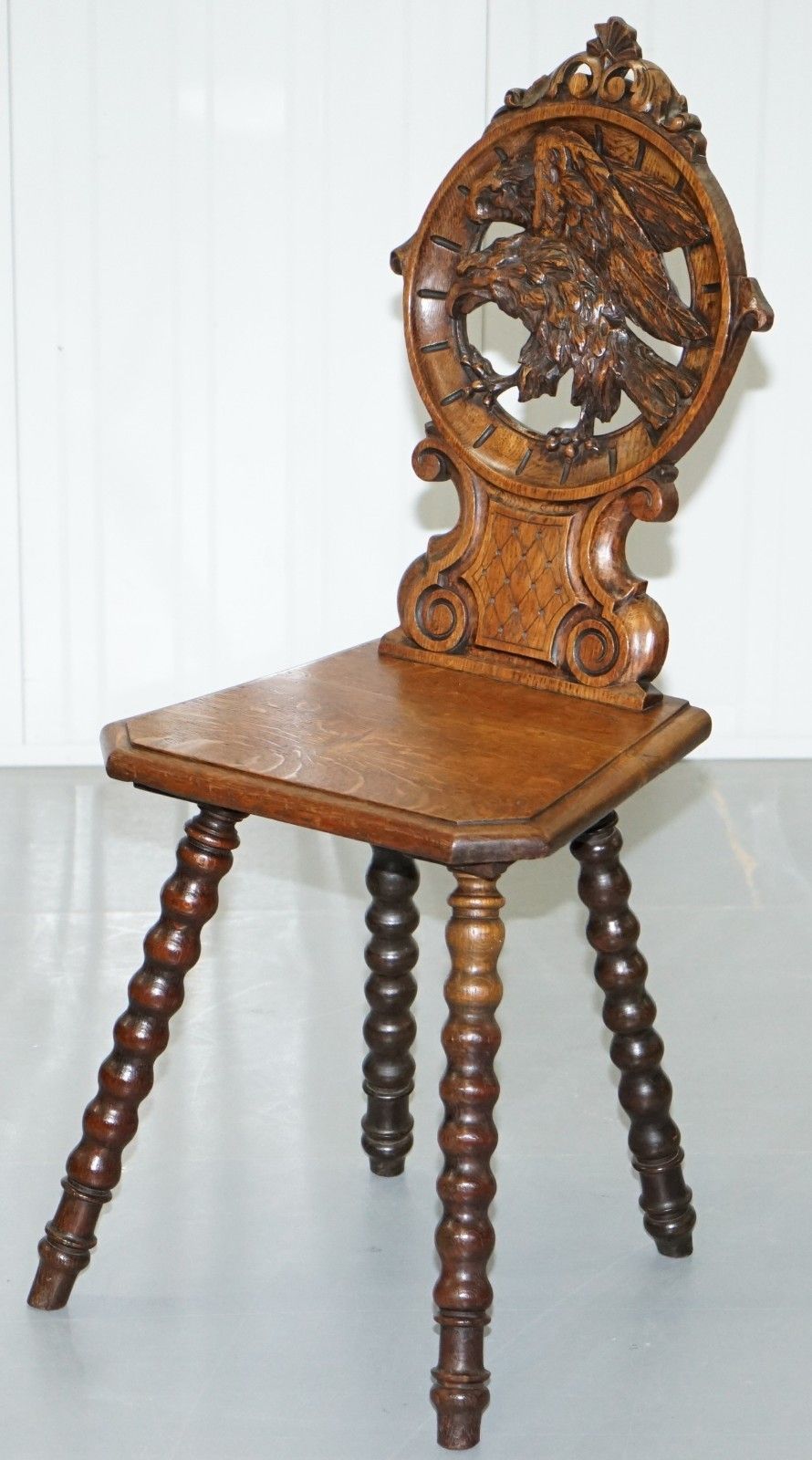 Rare 19th Century Black Forest Carved Hall Chair Hand Carved Hawk Bobbin Turned photo for sale