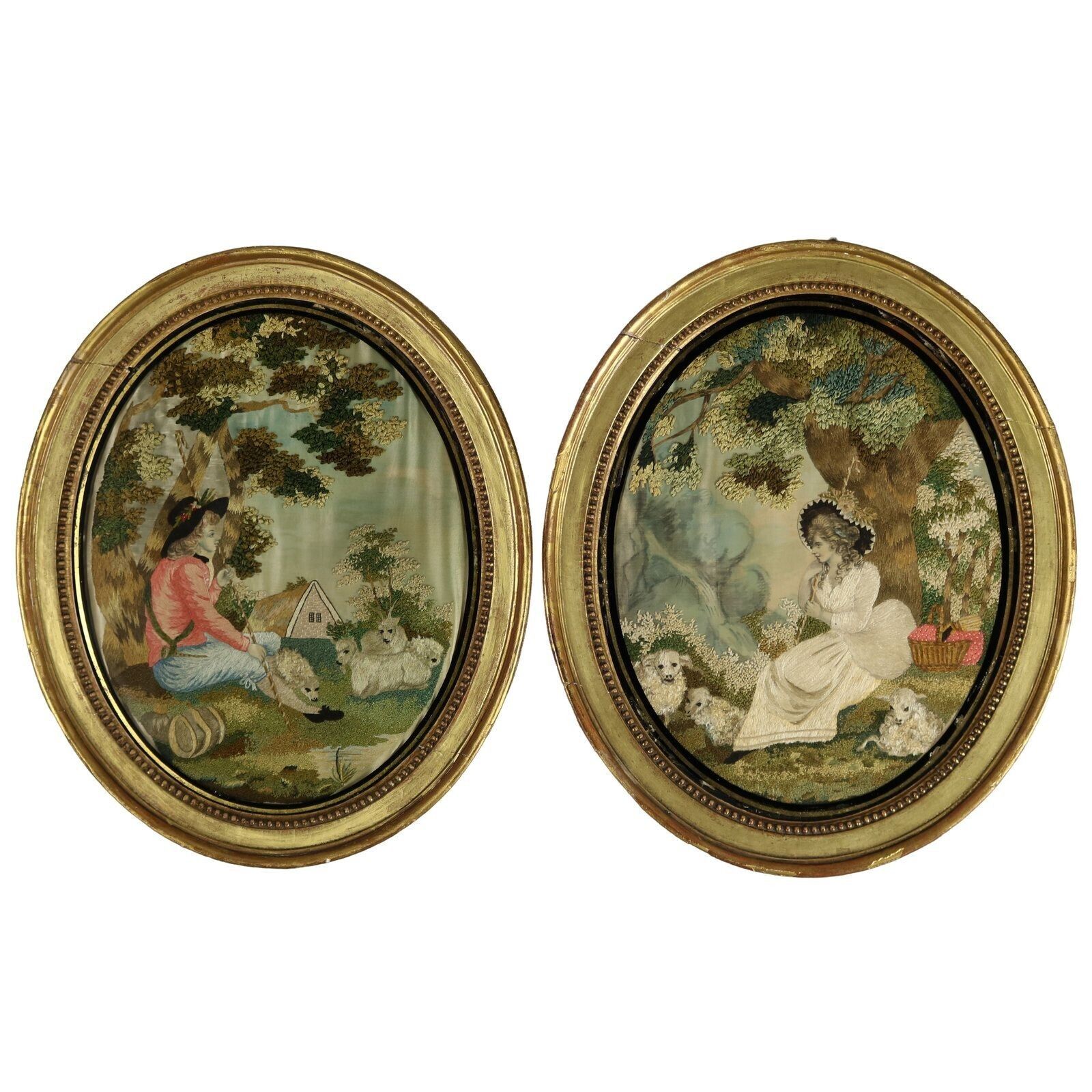 Pair Silkwork Embroidered Pictures Of Shepherd & Shepherdess