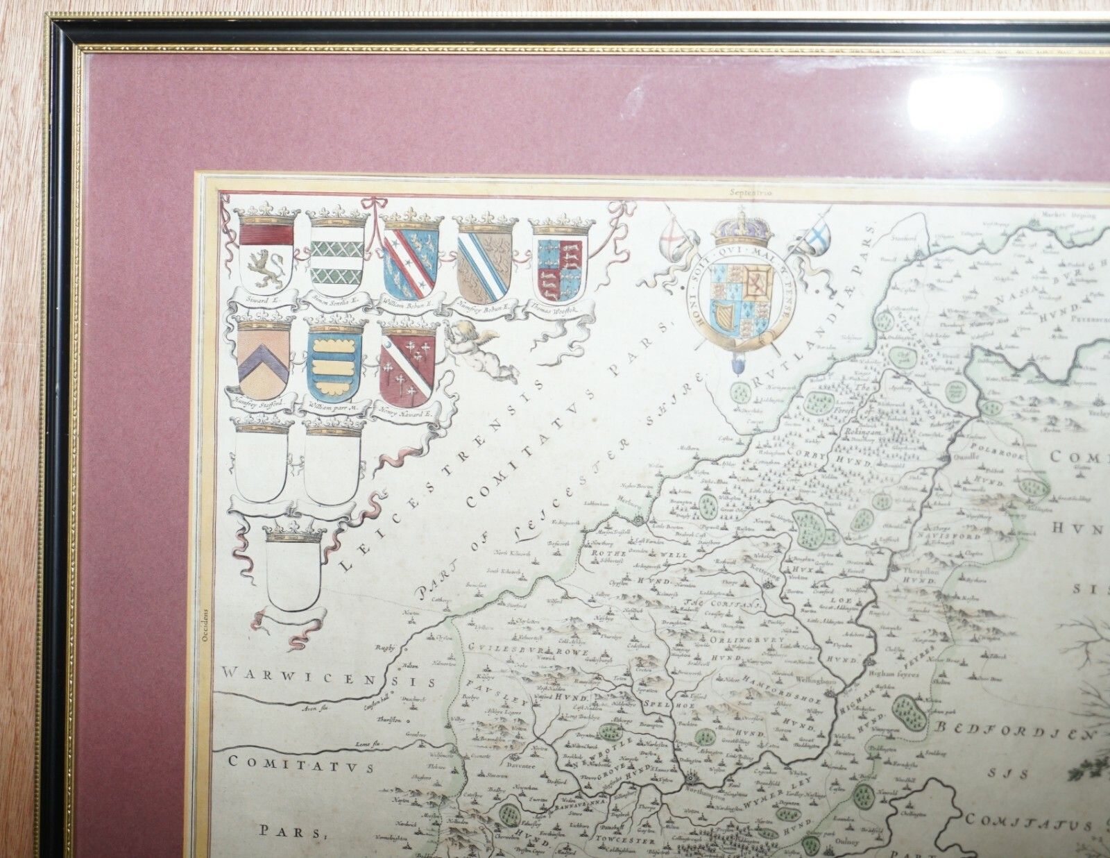 Double Sided Northamptonshire 1645 Hand Coloured Antique Print Map Rare Find photo furniture