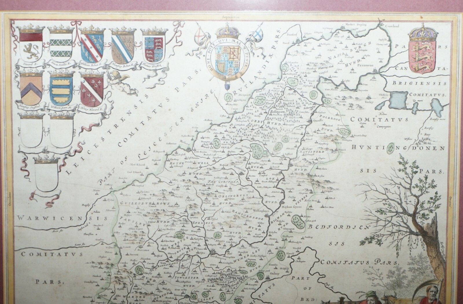 Double Sided Northamptonshire 1645 Hand Coloured Antique Print Map Rare Find photo vinterior