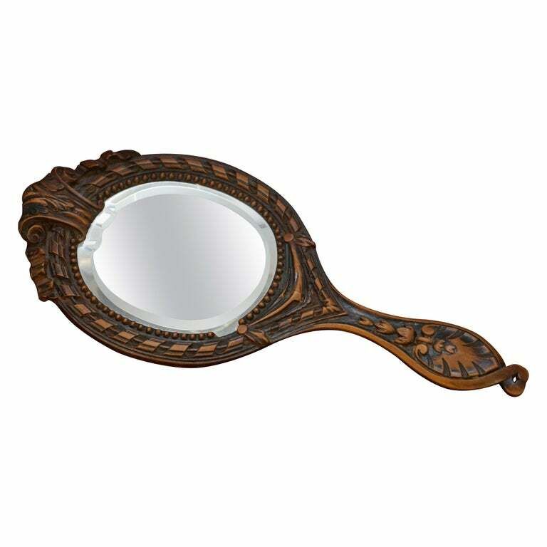Stunning Antique Black Forest Hand Carved Wood Dressing Table Mirror Hand Held