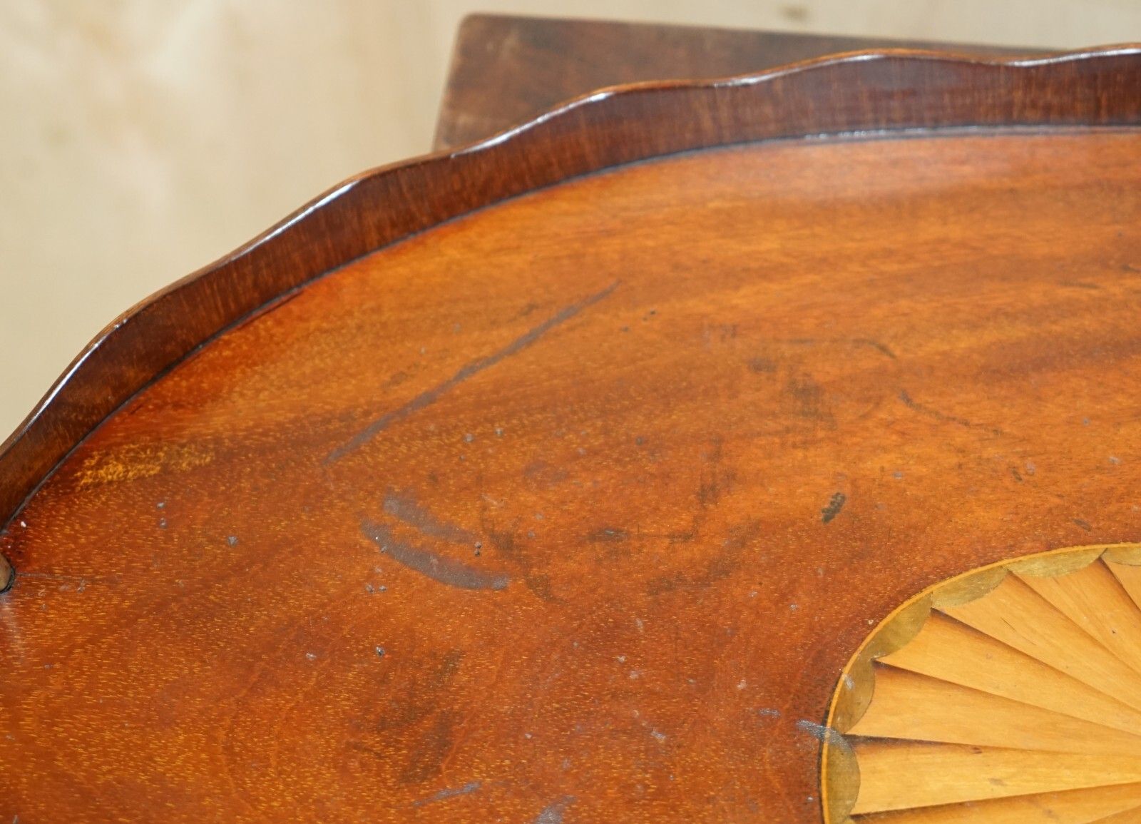 photo vintage Antique Circa 1880 Sheraton Revival Satinwood Walnut Serving Tray Bronze Handles