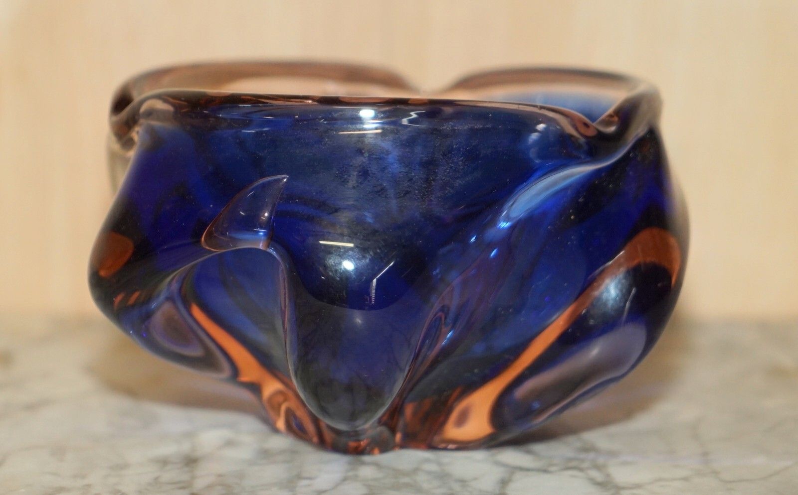 Beautiful Decorative Custom Made Decorative Floral Glass Bowl Or Dish Deep Blue photo vintage