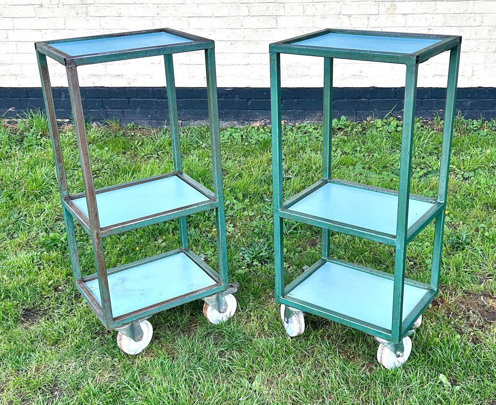 Pair Of Industrial Factory Blue Shelving Unit Trolley Cabinet Storage Metal Vintage Antique Bathroom Rack Retro Drinks Side Bedside Table