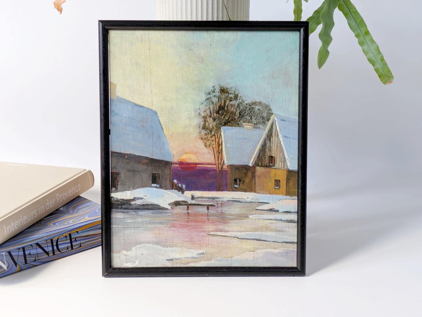 Vintage Winter Landscape Oil Painting, Framed Countryside Scene, Rustic Farmhouse Wall Art, Holiday Decor
