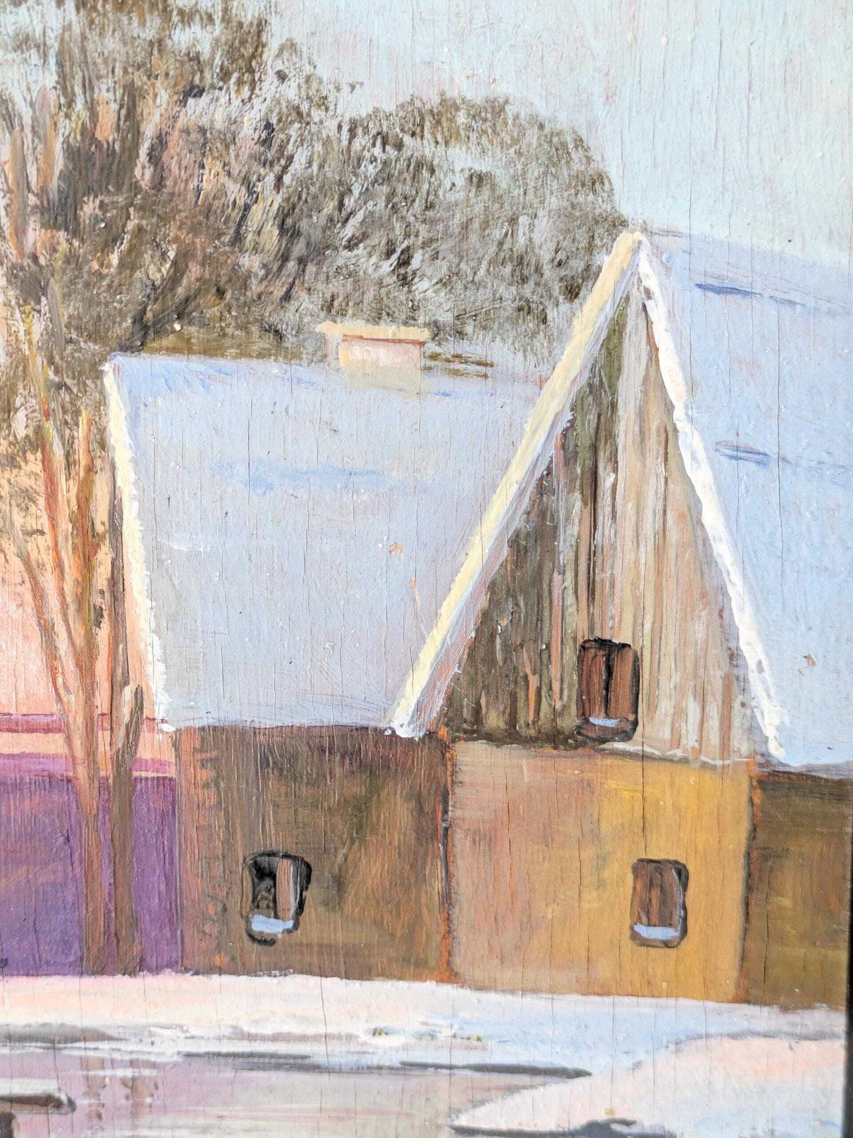 Vintage Winter Landscape Oil Painting, Framed Countryside Scene, Rustic Farmhouse Wall Art, Holiday Decor photo Art