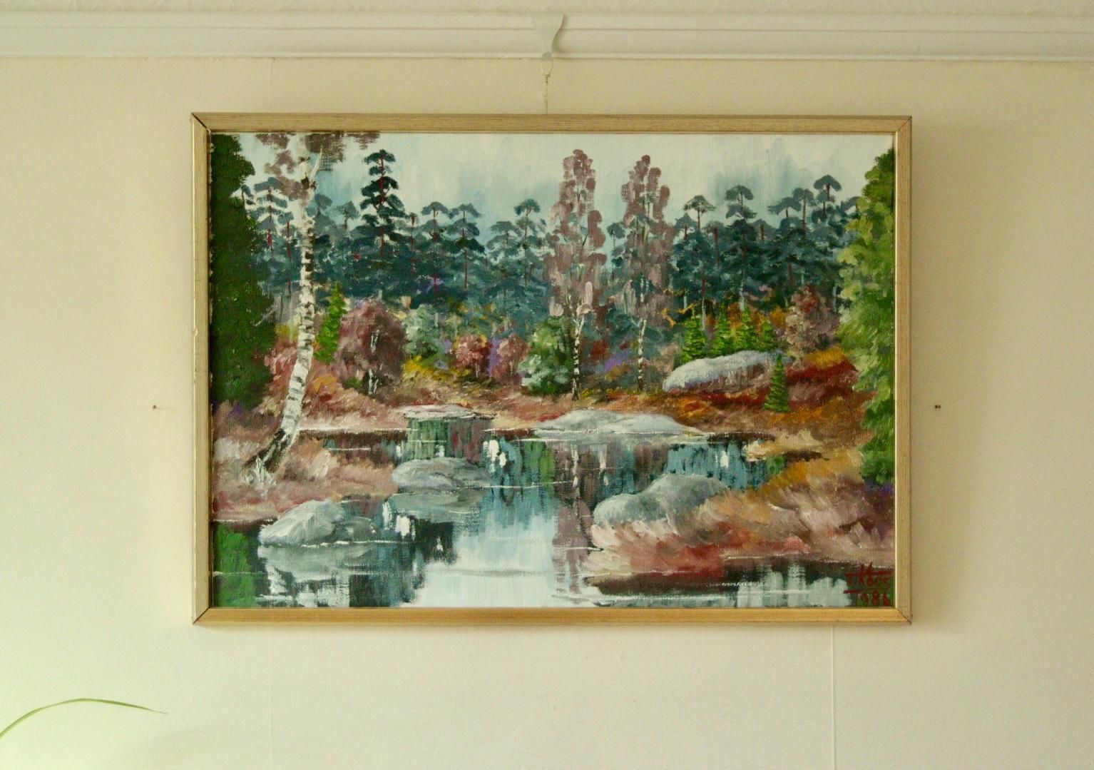 Original Swedish Mid Century Oil On Canvas – Autumn Lake View By T Koos –Vintage & Framed | 69 X 49 Cm(27x19 In) photo furniture