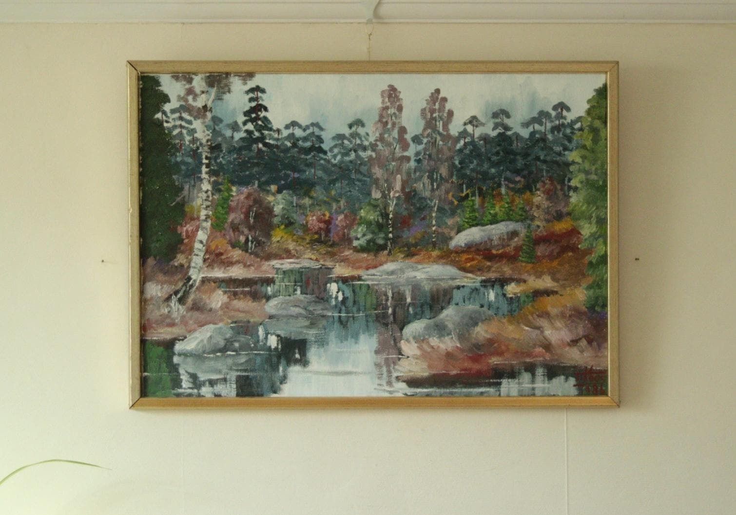 Original Swedish Mid Century Oil On Canvas – Autumn Lake View By T Koos –Vintage & Framed | 69 X 49 Cm(27x19 In) photo Art