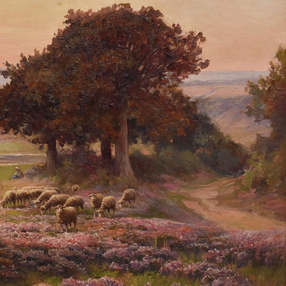 Antique Oil Painting, Landscape With French Moorland And Flock, XIX Century photo Art