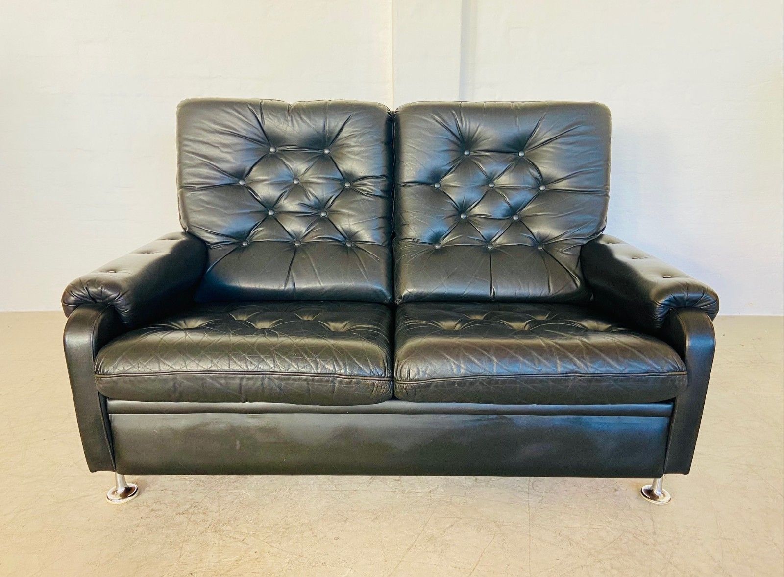 Vintage Retro Danish  2 Person Black Buttoned Leather Sofa 1970,S photo furniture