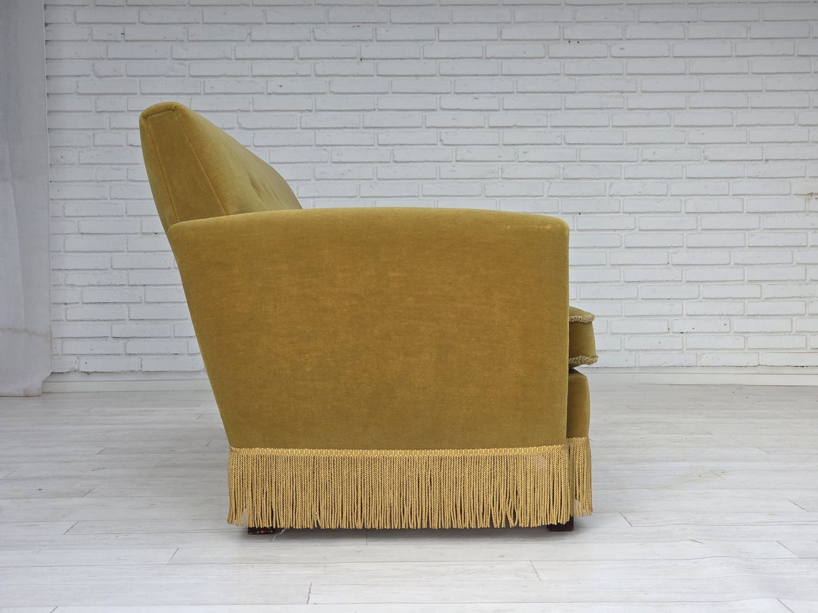 1970s, Danish 3 Seater Sofa, Original Light Green Furniture Velour. photo 1550.0
