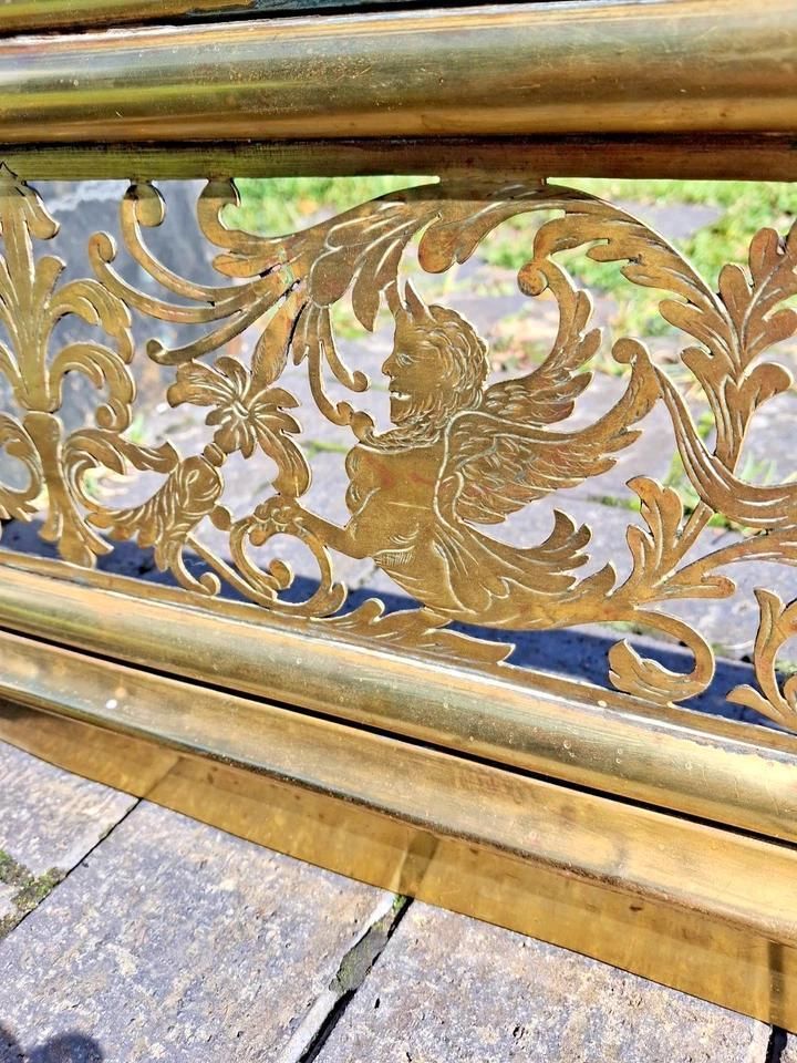 Antique Brass Fire Fender With Mythical Creatures And Urns photo for sale